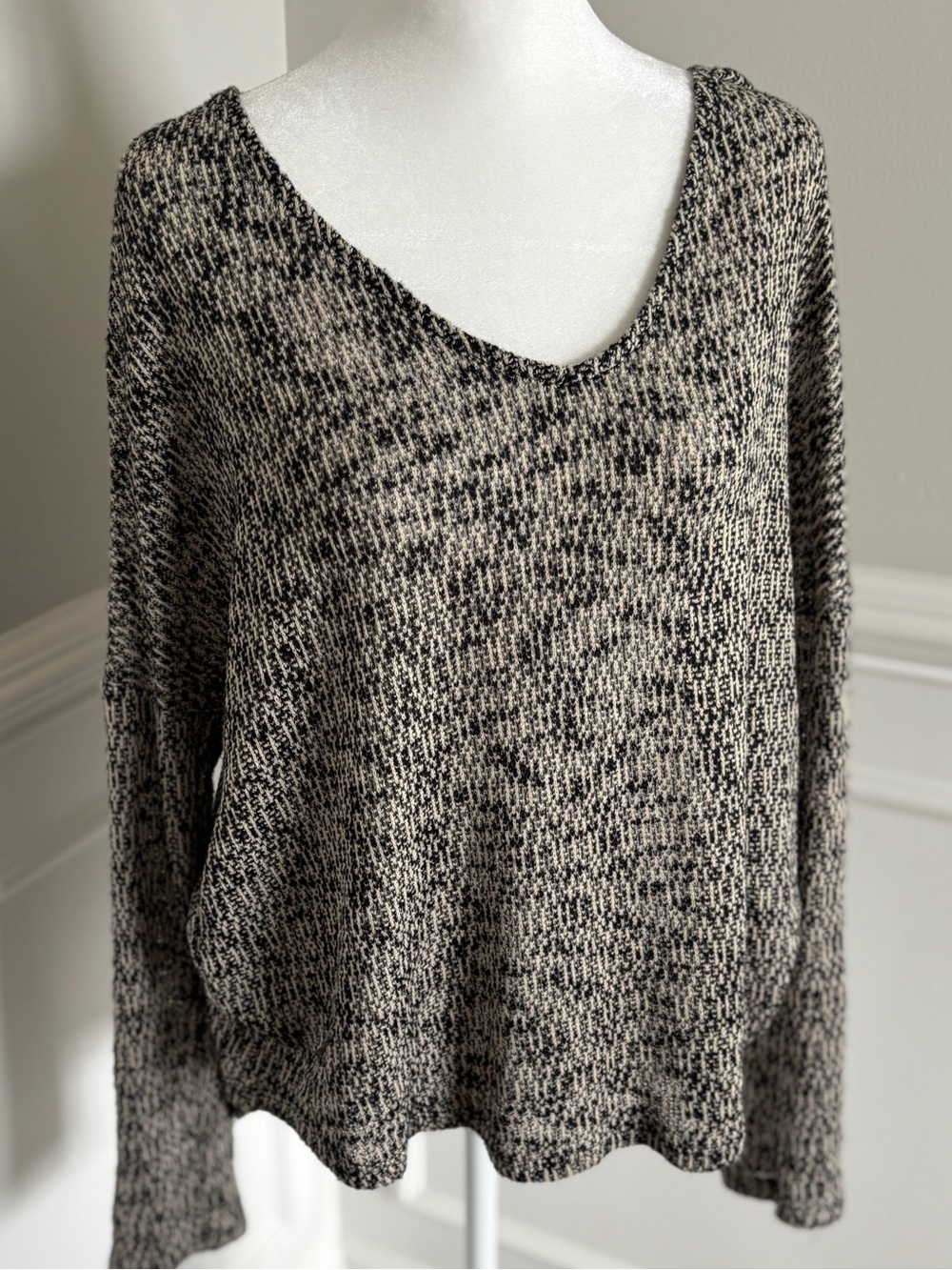 Sweet Claire Marled Black and Cream V-Neck Sweater